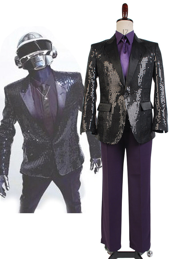 Daft Punk Sparking Black Sequin Performance Outfits Robot Cosplay Costume Purple Version