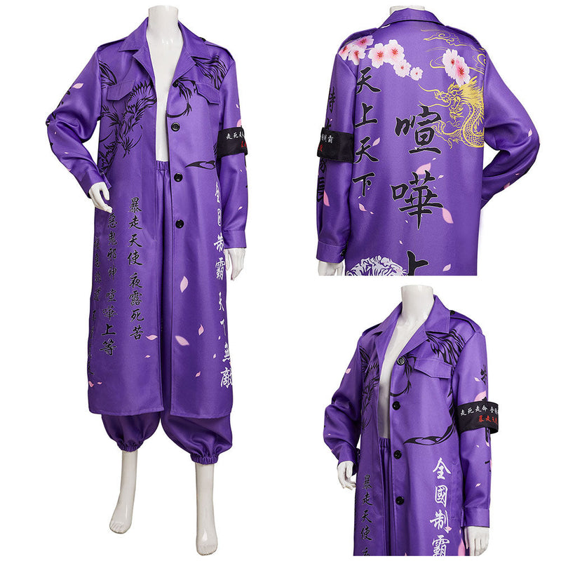 Japanese Bosozoku Kimono Cosplay Costume Purple Coat Pants Outfits Halloween Carnival Suit