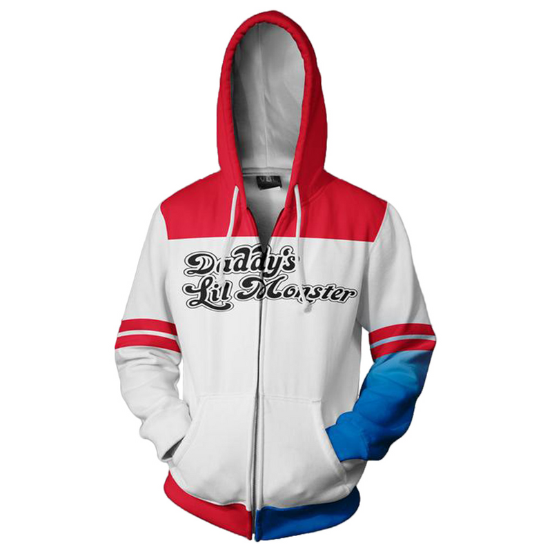 Suicide Squad Harley Quinn White Red Pattern Hoodie Girls Zip Up Sweatshirt