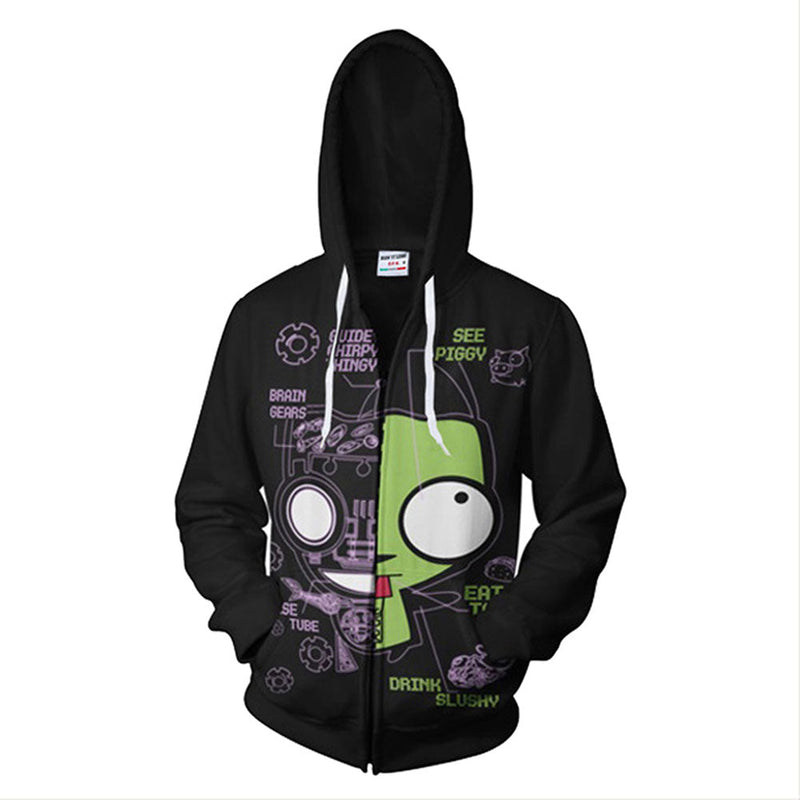 Invader Zim Gir Men's Full Zip Hoodie Hooded Long Sleeve Pocket Fleece Sweatshirt