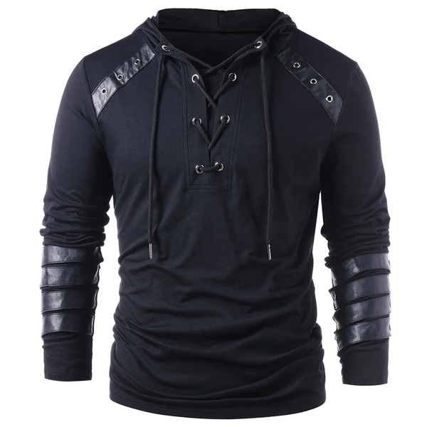 Men Gothic Steampunk Hoodie with Leather Straps Long Sleeve Lace up Hooded Pullover Sweatshirt