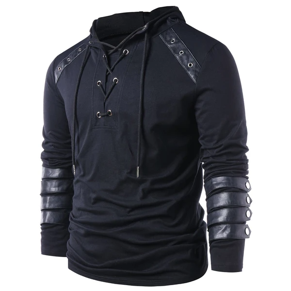 Men Gothic Steampunk Hoodie with Leather Straps Long Sleeve Lace up Hooded Pullover Sweatshirt