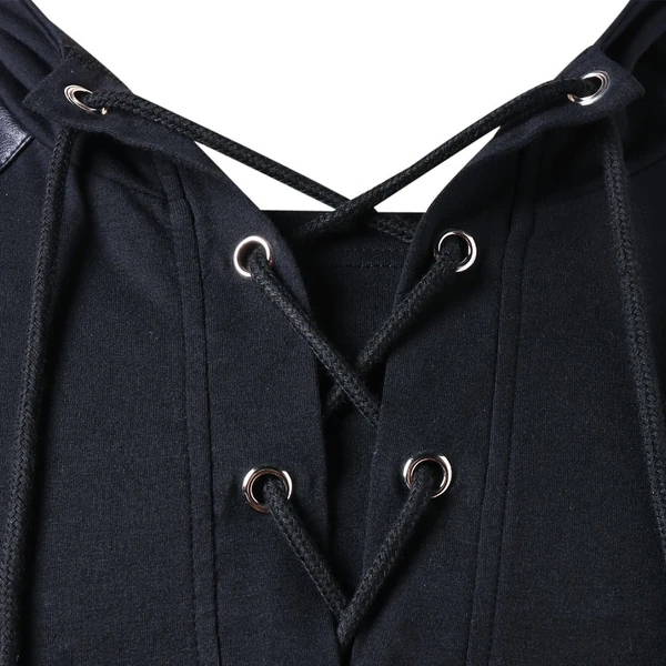 Men Gothic Steampunk Hoodie with Leather Straps Long Sleeve Lace up Hooded Pullover Sweatshirt