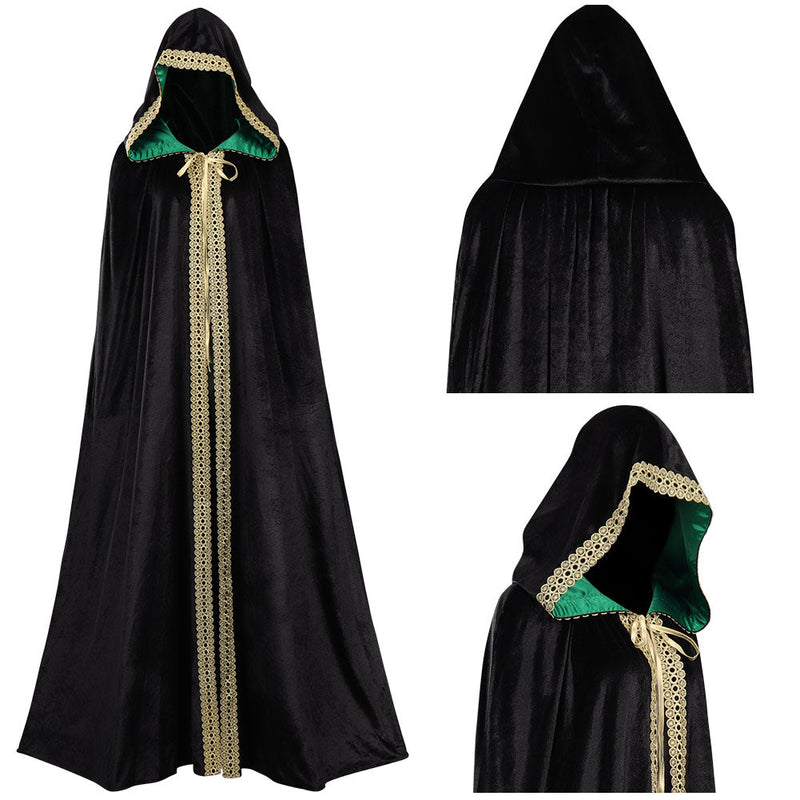 Witch Wizard Hooded Robe Cosplay Costume Black Velvet Lace Contrasting Color Cloak Outfits