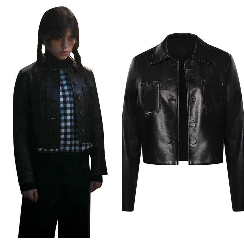 Wednesday (2022) Wednesday Addams Black Leather Coat Jacket Cosplay Costume Halloween Costume