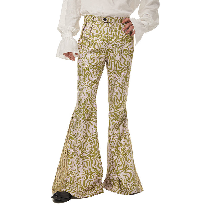 1970s Retro Vintage Disco Mid Waist Bell Bottom Super Flares  Printed Long Pants