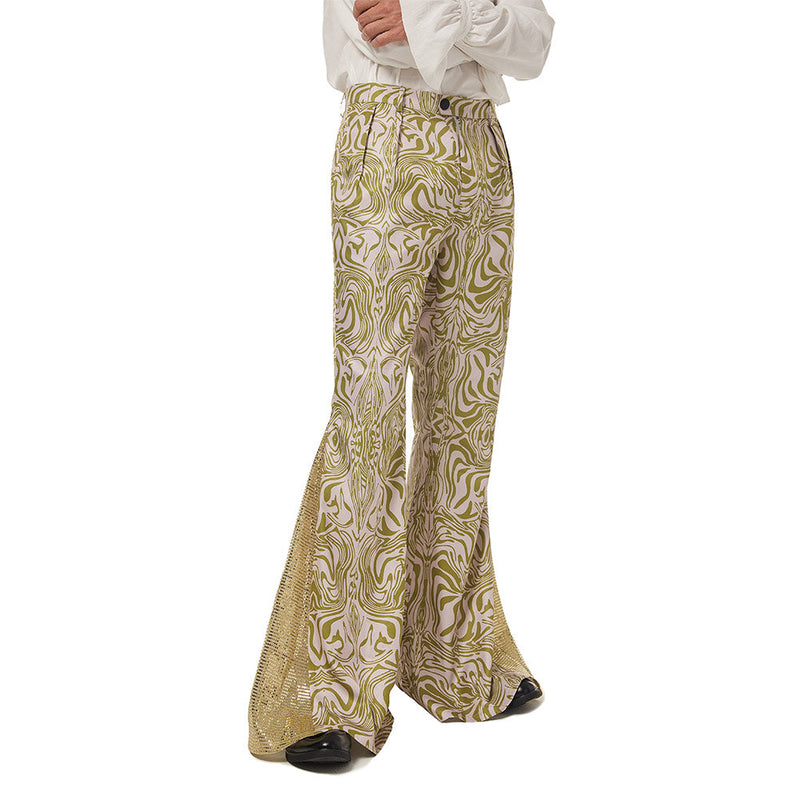 1970s Retro Vintage Disco Mid Waist Bell Bottom Super Flares  Printed Long Pants