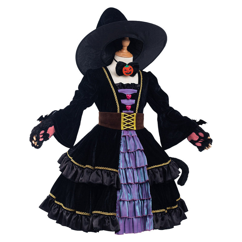 Cat Witch Kids Children Girls Dress Outfit Halloween Carnival Suit Cosplay Costume