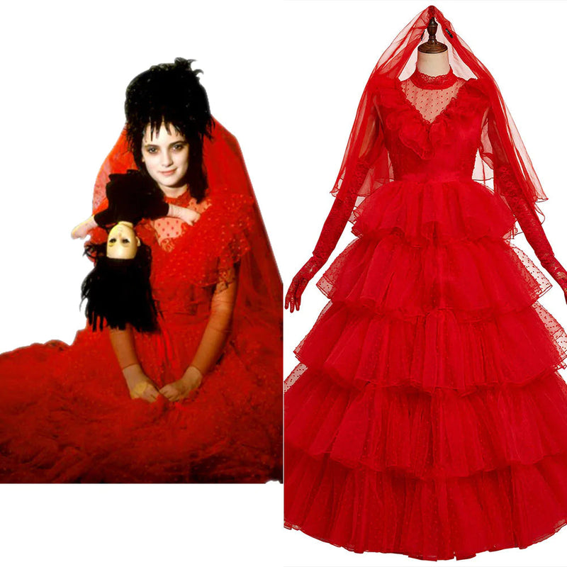 Movie Beetlejuice Lydia Deetz /Adam Cosplay Costume Red Wedding Dress / Striped Suit Outfits Halloween Carnival Suit