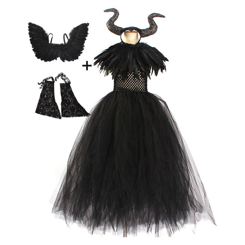 5Pcs Set Kids Girls Maleficent Cosplay Costume Dress Headband Outfits Halloween Carnival Suit