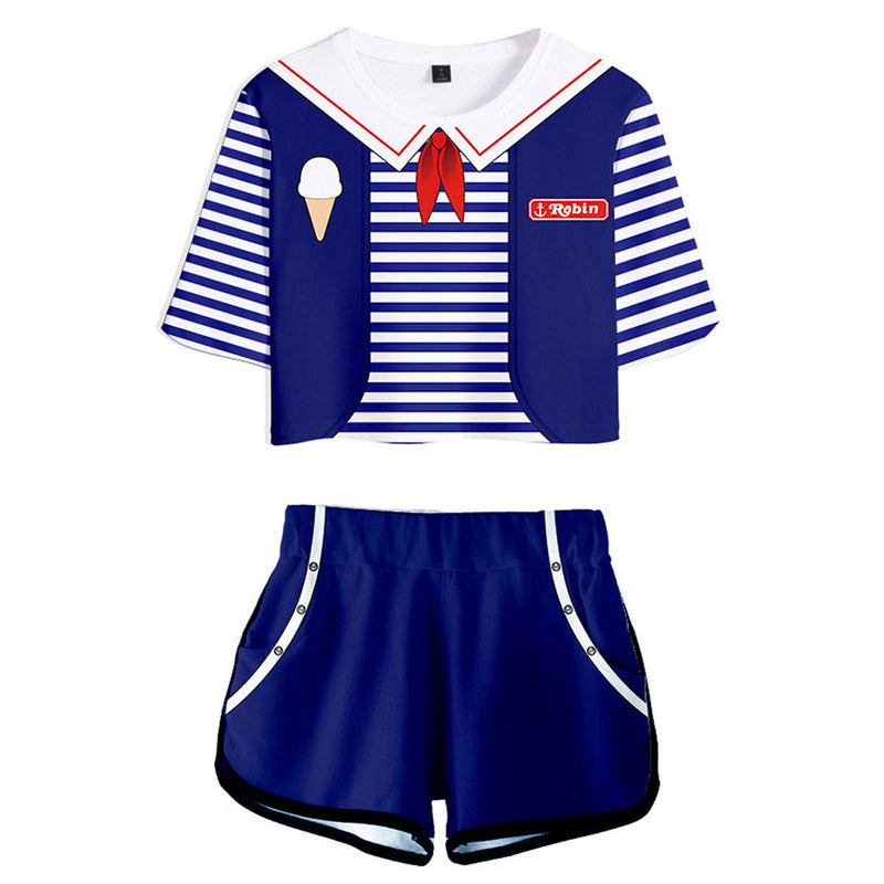 Stranger Things Season 3 Robin Cosplay Costume Crop Top T-shirt Shorts Set