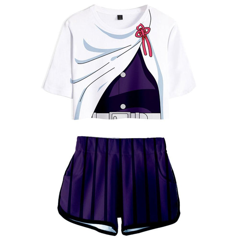 Women Demon Slayer: Kimetsu no Yaiba Crop Top Sets Tsuyuri Kanawo Cosplay Short Sleeve T-shirt Shorts 2 Pieces Sets Casual Clothes