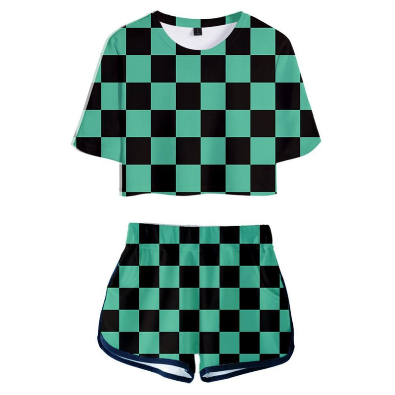 Women Demon Slayer: Kimetsu no Yaiba Kamado Tanjirou Cosplay Crop Top & Shorts Set Summer 2 Pieces Casual Clothes