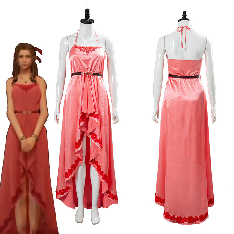 Final Fantasy VII:7 Remake Aerith Wall Market the Honeybee Inn Peach Pink Long Gown Halter Dress Cosplay Costume